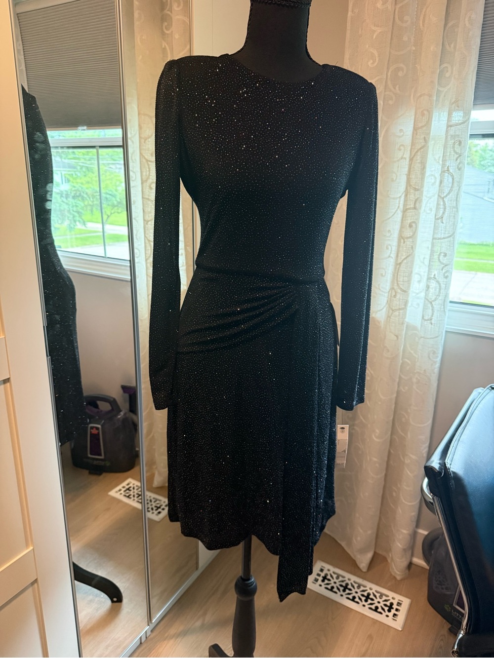 Maggy London Black Long-Sleeve Sparkle Draped-Waist Dress
